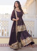 Wine Salwar Suit in Faux Georgette with Embroidered - 1