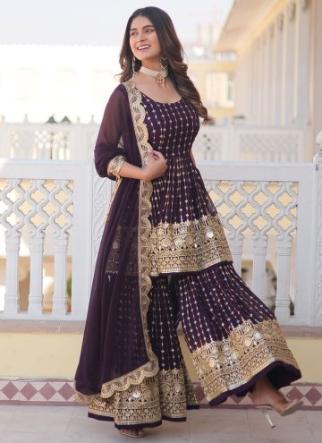 Wine Salwar Suit in Faux Georgette with Embroidered