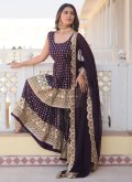 Wine Salwar Suit in Faux Georgette with Embroidered - 2