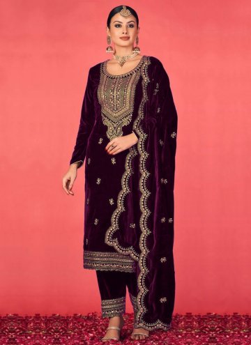 Wine Salwar Suit in Velvet with Embroidered