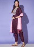 Wine Silk Embroidered Pant Style Suit for Casual - 1
