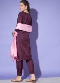 Wine Silk Embroidered Pant Style Suit for Casual - 2