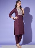 Wine Silk Embroidered Pant Style Suit for Casual - 3