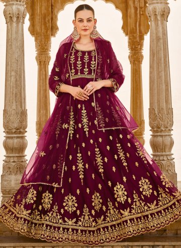 Wine Trendy Salwar Kameez in Net with Embroidered