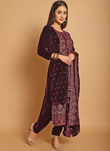Wine Trendy Salwar Suit in Velvet with Resham Thread Work