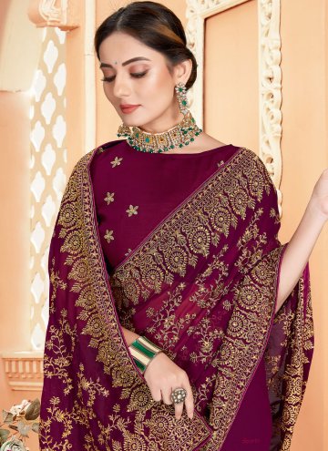 Wine Trendy Saree in Georgette with Embroidered