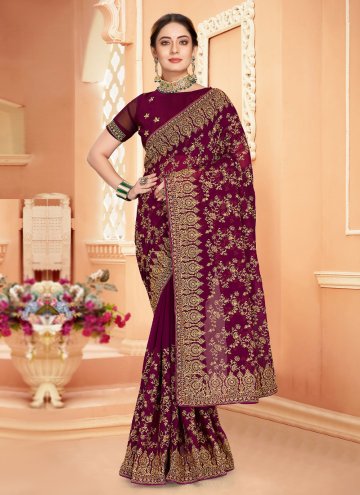 Wine Trendy Saree in Georgette with Embroidered