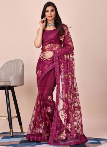 Wine Trendy Saree in Net with Embroidered