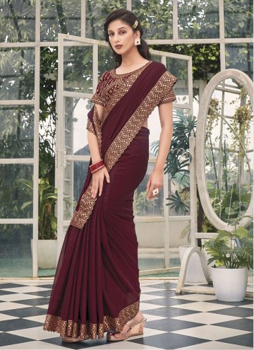Wine Trendy Saree in Shimmer with Embroidered