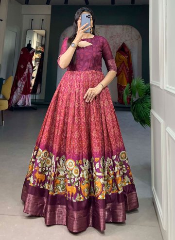 Wine Tussar Silk Printed Gown for Ceremonial