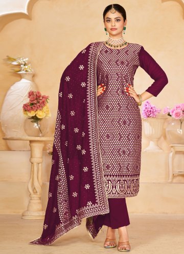 Wine Vichitra Silk Embroidered Salwar Suit for Fes