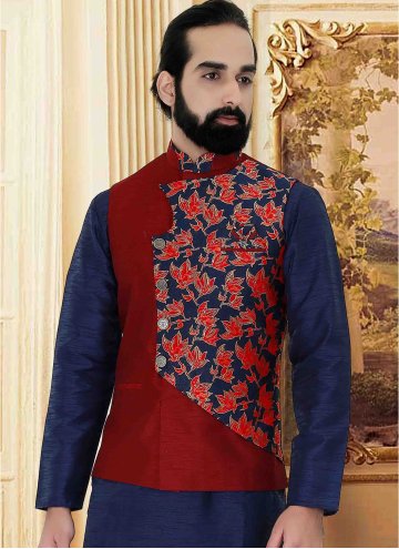 Woven Art Silk Maroon and Navy Blue Nehru Jackets