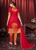 Woven Art Silk Red Salwar Suit - 1