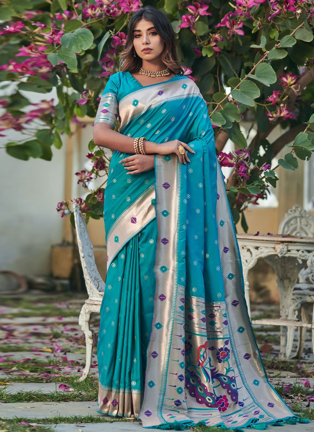 Woven Banarasi Turquoise Trendy Saree