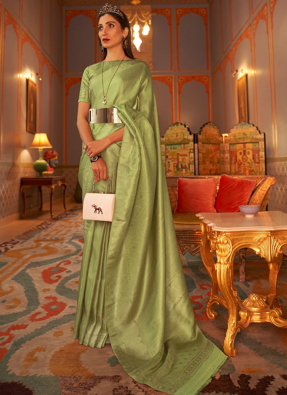 Woven Fancy Fabric Green Classic Designer Saree