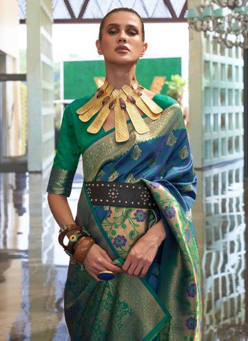 Woven Handloom Silk Blue and Green Contemporary Saree
