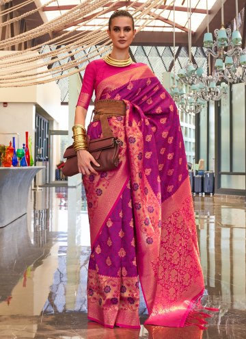 Woven Handloom Silk Purple and Rani Traditional Sa