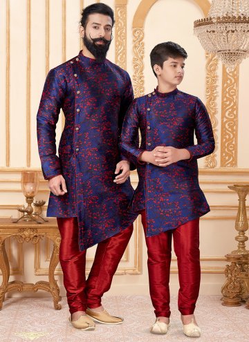 Woven Jacquard Silk Blue and Red Indo Western