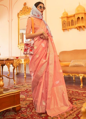 Woven Linen Peach Designer Saree