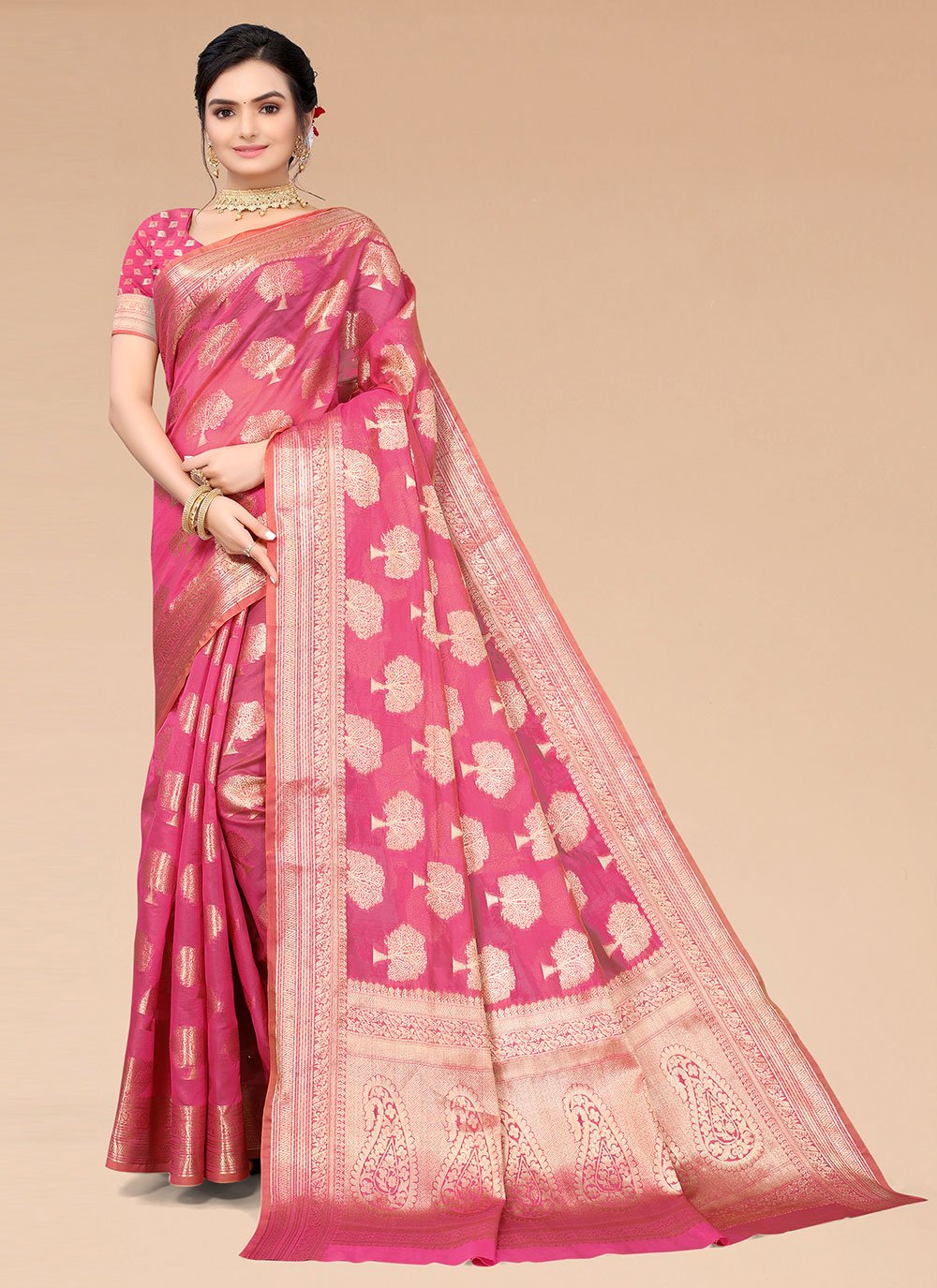 Woven Organza Pink Classic Designer Saree