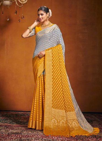 Woven Pure Georgette Grey and Mustard Designer Sar