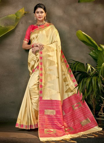 Woven Silk Cream and Pink Designer Saree