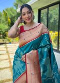 Woven Silk Teal Designer Contemporary Saree - 1