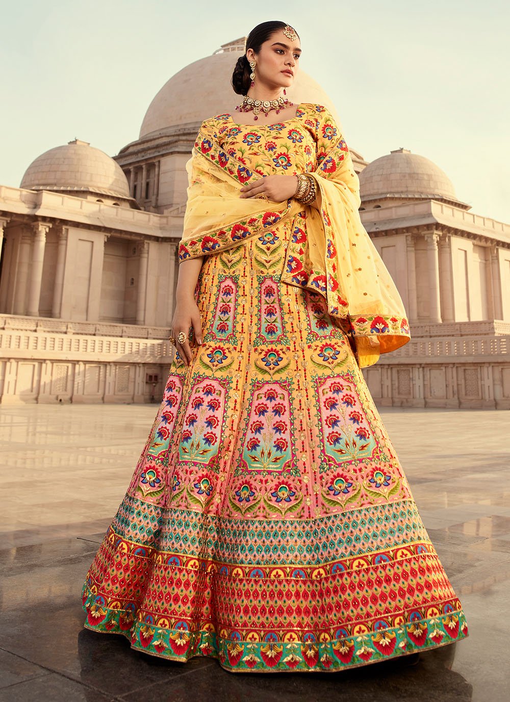 Yellow A Line Lehenga Choli in Art Silk with Embroidered