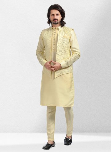 Yellow Art Banarasi Silk Embroidered Kurta Payjama With Jacket for Engagement