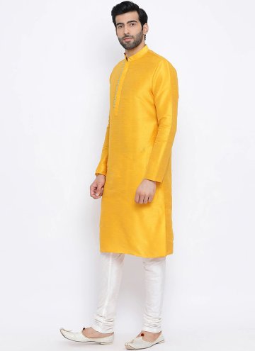 Yellow Art Dupion Silk Plain Work Kurta Pyjama