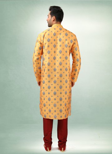 Yellow Art Silk Printed Kurta Pyjama