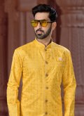 Yellow Banglori Silk Machine Embroidery Indo Western Sherwani - 1