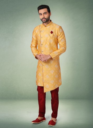 Yellow Brocade Jacquard Work Indo Western for Cere