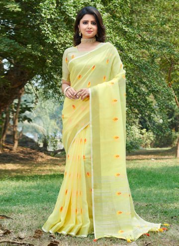 Yellow Casual Saree in Linen with Woven