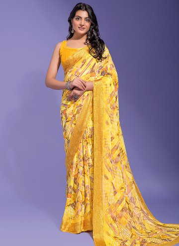 Yellow Chiffon Printed Classic Designer Saree for 