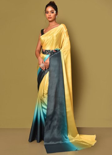Yellow Chinon Plain Work Contemporary Saree for Engagement