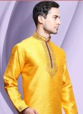 Yellow color Art Dupion Silk Kurta Pyjama with Plain Work - 1