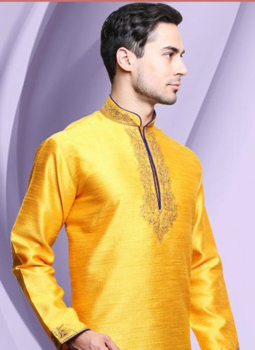 Yellow color Art Dupion Silk Kurta Pyjama with Pla
