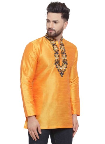 Yellow color Art Dupion Silk Kurta with Embroidered