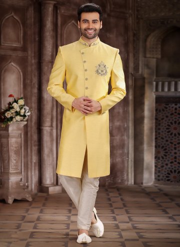 Yellow color Art Silk Indo Western Sherwani with Embroidered