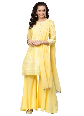 Yellow color Blended Cotton Straight Salwar Suit with Printed