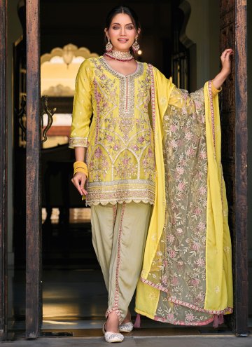 Yellow color Chinon Salwar Suit with Embroidered