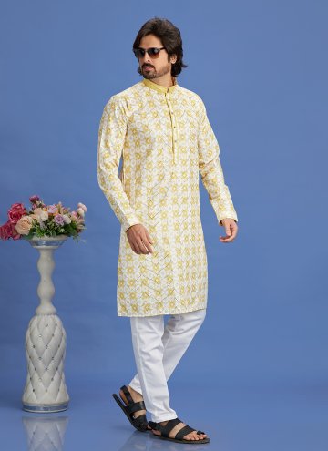 Yellow color Cotton  Kurta Pyjama with Digital Print