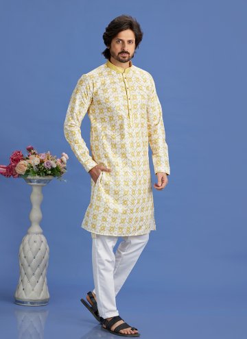 Yellow color Cotton  Kurta Pyjama with Digital Pri