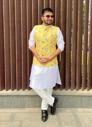 Yellow color Cotton  Nehru Jackets with Printed