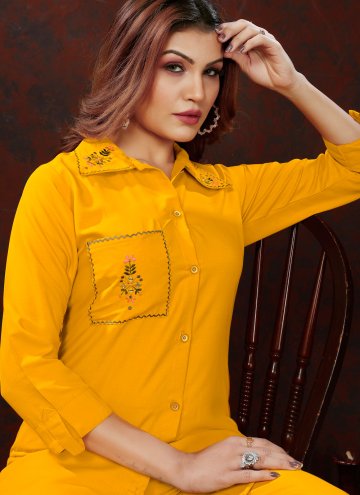 Yellow color Cotton  Party Wear Kurti with Embroidered