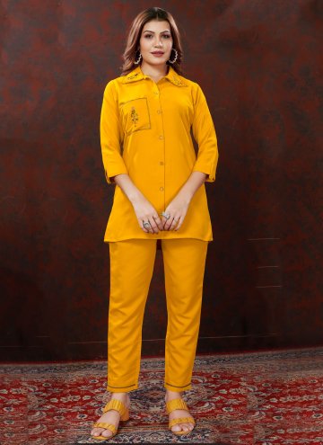 Yellow color Cotton  Party Wear Kurti with Embroid