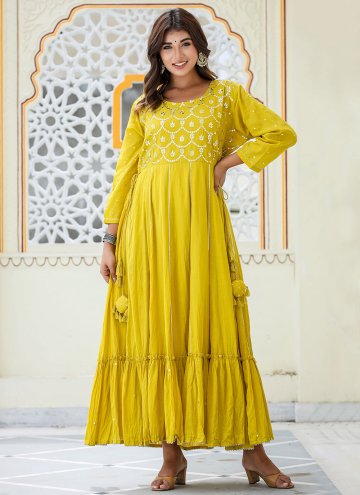 Yellow color Cotton  Readymade Designer Gown with 
