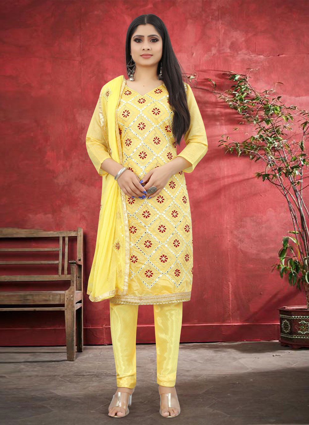 Yellow color Cotton Silk Straight Salwar Suit with Embroidered