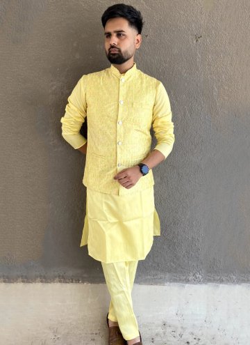 Yellow color Embroidered Banglori Silk Kurta Payjama With Jacket